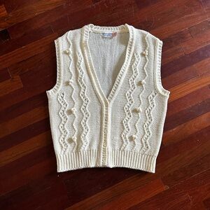 Vintage Glamour Knit Ivory V-Neck Sweater Vest Size M/L